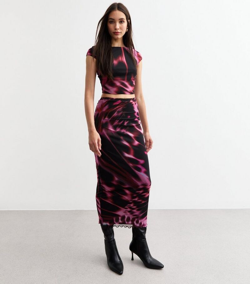 

Розовый укороченный топ из сетки с абстрактным принтом New Look, розовый