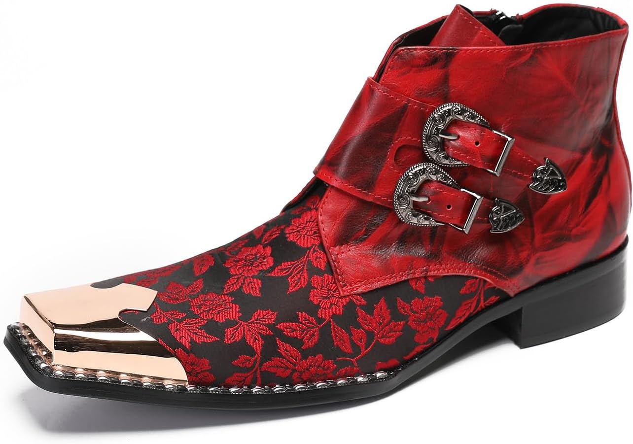 

Мужские сапоги Santimon Cowboy для вечеринок, красные, повседневные, кожаные, с металлическим квадратным носком, цветочной пряжкой, челси, модные мужские ботинки до щиколотки в западном стиле для мальчиков