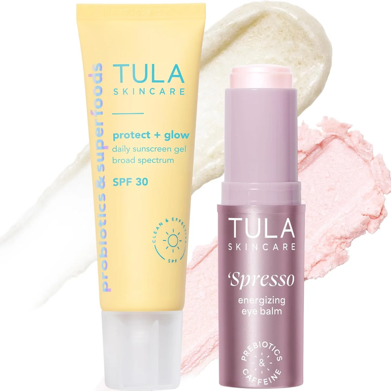 Набор из 2 средств: бальзам для глаз TULA Skin Care Pink 'Spresso Energizing Eye Balm 0.35 oz + солнцезащитный крем Protect + Glow Daily Sunscreen 3.7 oz., blue