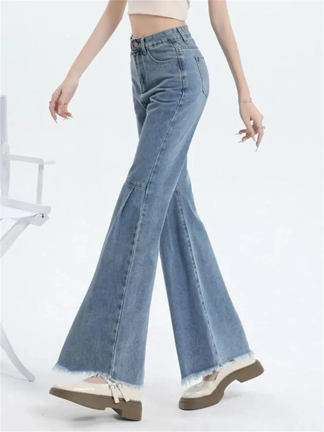 Женские джинсы в стиле Korean Fashion скинни-флейр, повседневные, с высокой посадкой, винтажные, широкие Generic, синий — фото 2