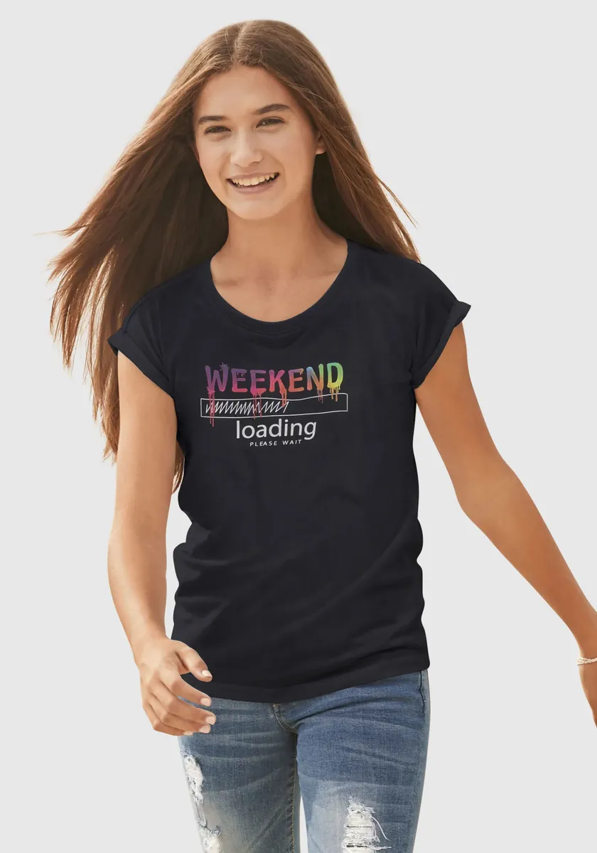 

KIDSWORLD Футболка "WEEKEND loading...пожалуйста, подождите", в более повседневном стиле, цвета радуги разные, черный