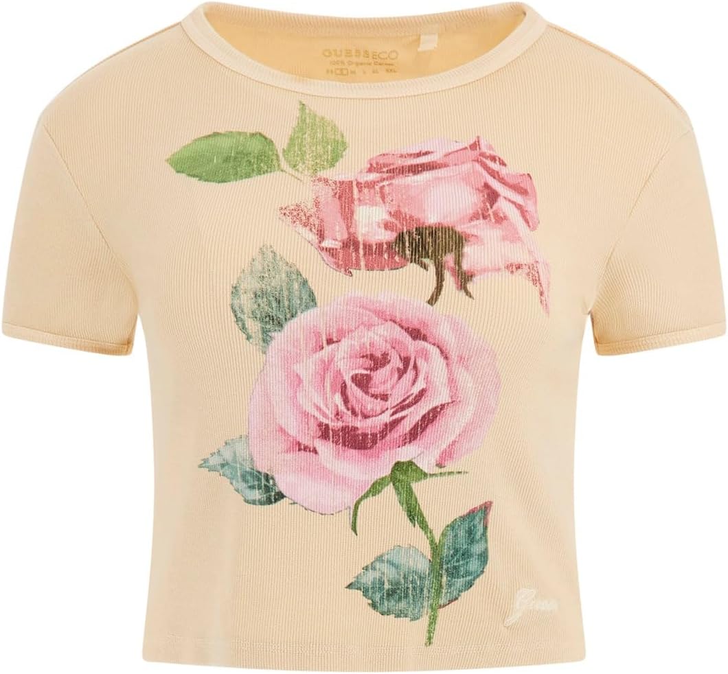 

GUESS Женская экологичная короткая футболка Vintage Rose с облегающим ребристым кроем, Slightly Peach Multi, Оранжевый, GUESS Женская экологичная короткая футболка Vintage Rose с облегающим ребристым кроем, Slightly Peach Multi