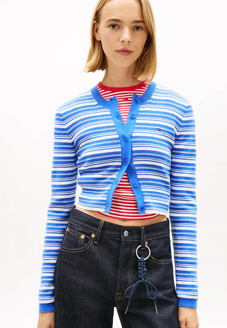 Кардиган женский, трикотажный, Slim Fit, Tommy Jeans Tommy Hilfiger, синий/мультиколор