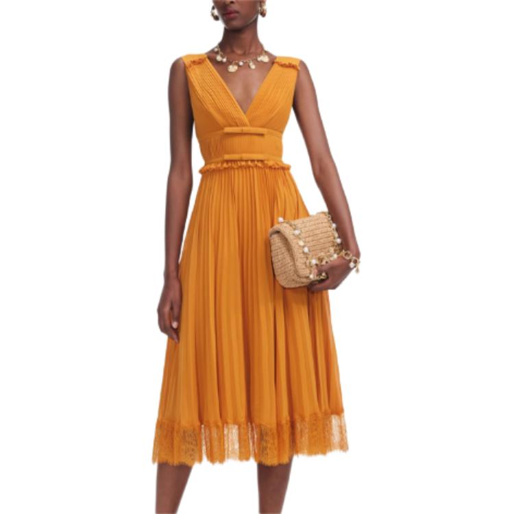 

Платье с кружевной отделкой и плиссировкой Self Portrait Self-portrait, ярко-оранжевый