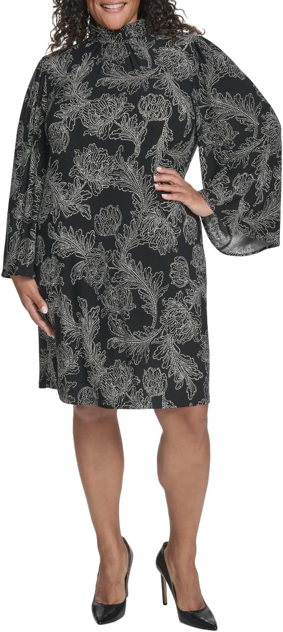 

Женское платье-трапеция Tommy Hilfiger с длинными расклешенными рукавами и воротником-стойкой, Black/Ivory