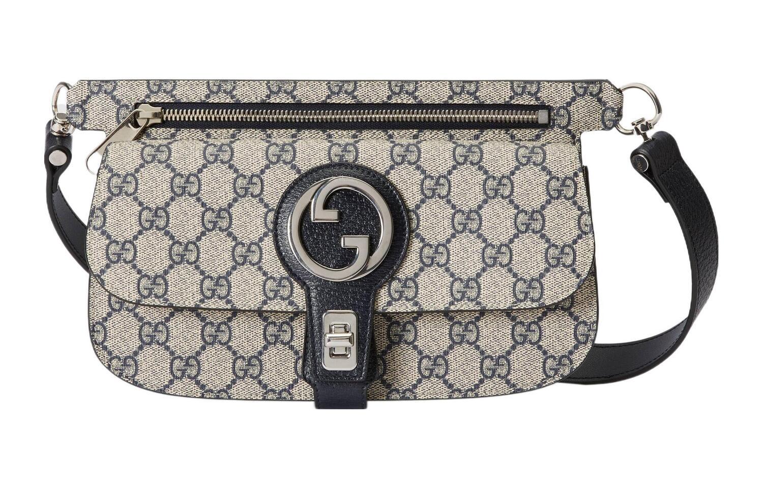 

GUCCI Бежево-голубой поясной рюкзак из холста с кожаными деталями мужской