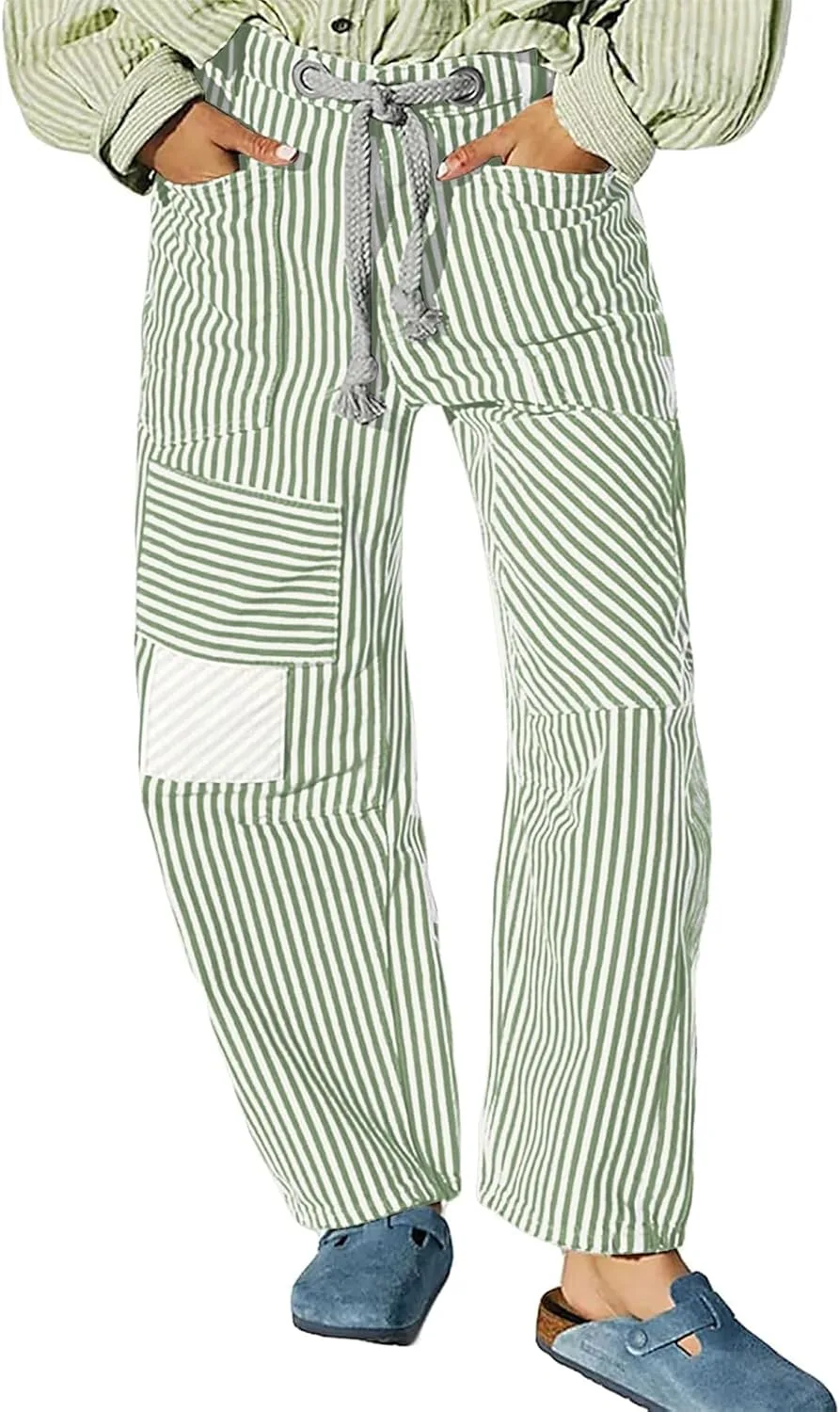 

Багги бочка джинсы для женщин y2k в полоску с кулиской ensswliz