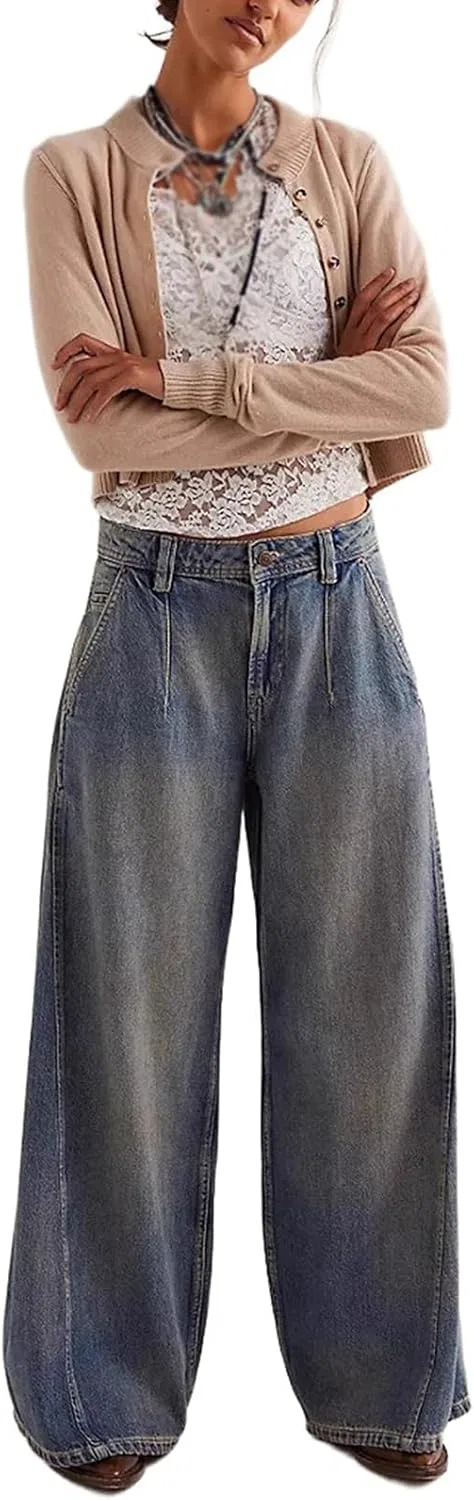 Женские джинсы Wide Leg с эффектом потертости и свободным прямым кроем Generic, синий