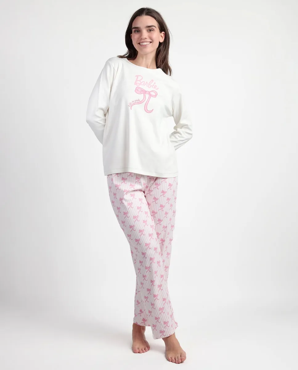 

Женская пижама длинная из хлопкового трикотажа цвета сырой беж Barbie