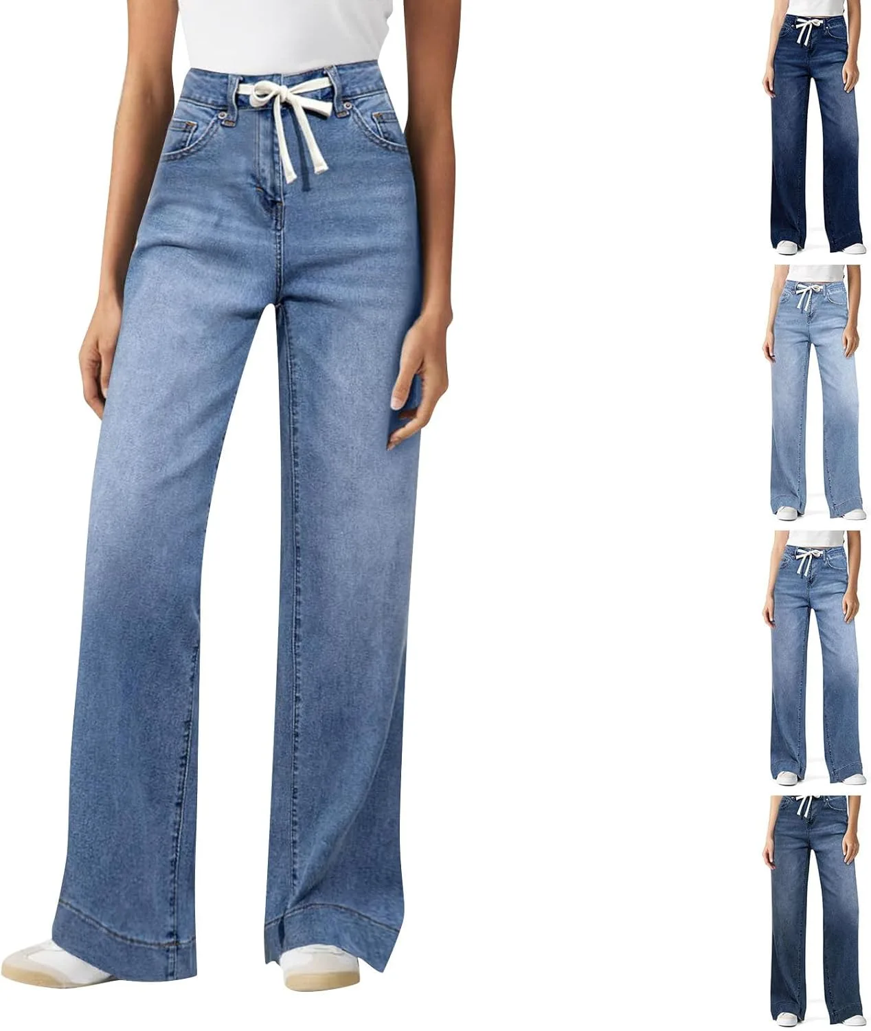 

Женские джинсы с широкими штанинами на высокой талии, с завязками и эластичной тканью