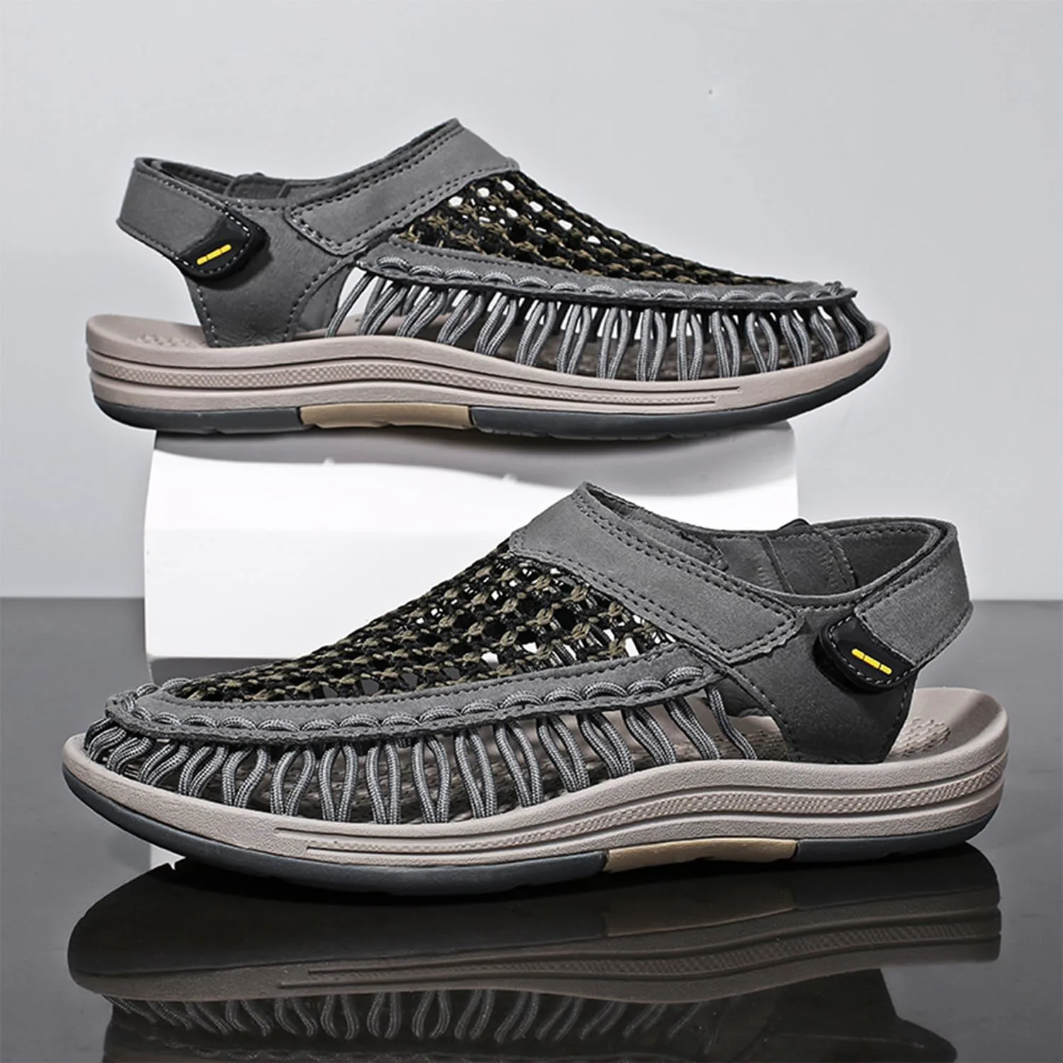 Men's Woven Slip-On Сандалии Breathable Flat Сандалии Lightweight Mesh Сандалии for Men Outdoor Black Casual Water Shoes Dacnakby, серый — фото 3