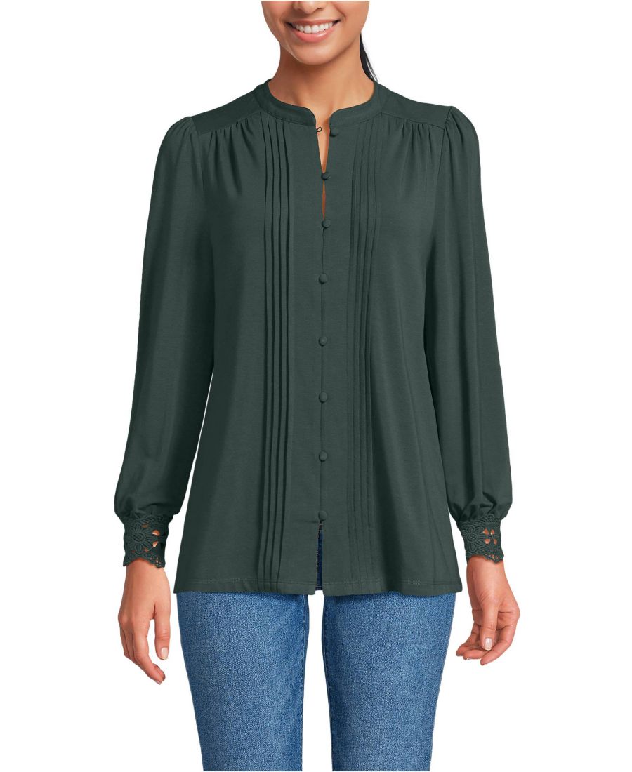 

Женская легкая трикотажная блузка с длинными рукавами, застежкой на пуговицы спереди и складками Lands' End, Evening forest