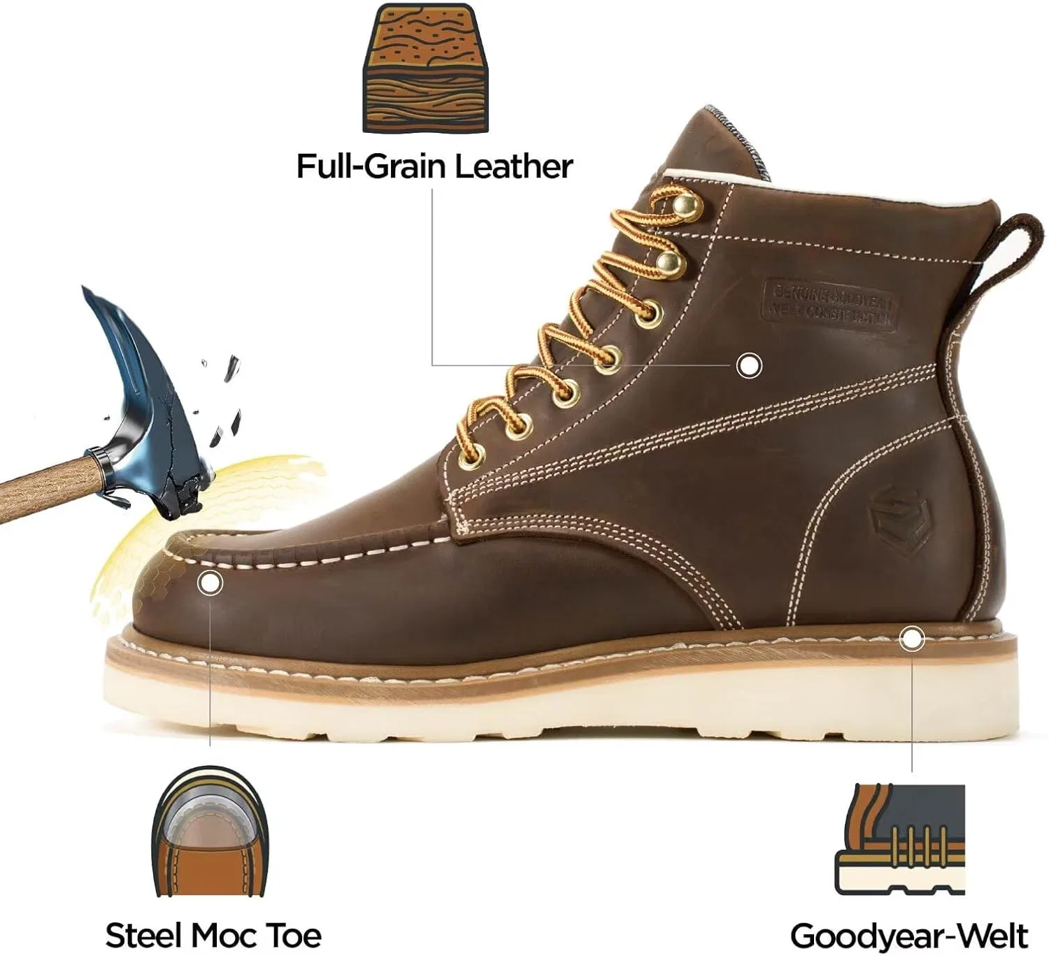 Рабочие ботинки SUREWAY GoodyearWelt 6" для мужчин, из высококачественной натуральной кожи, на танкетке, легкие, с удобной стелькой, масляным противоскользящим покрытием EH, для промышленного строительства, Steel Toe Cap, Brown — фото 4