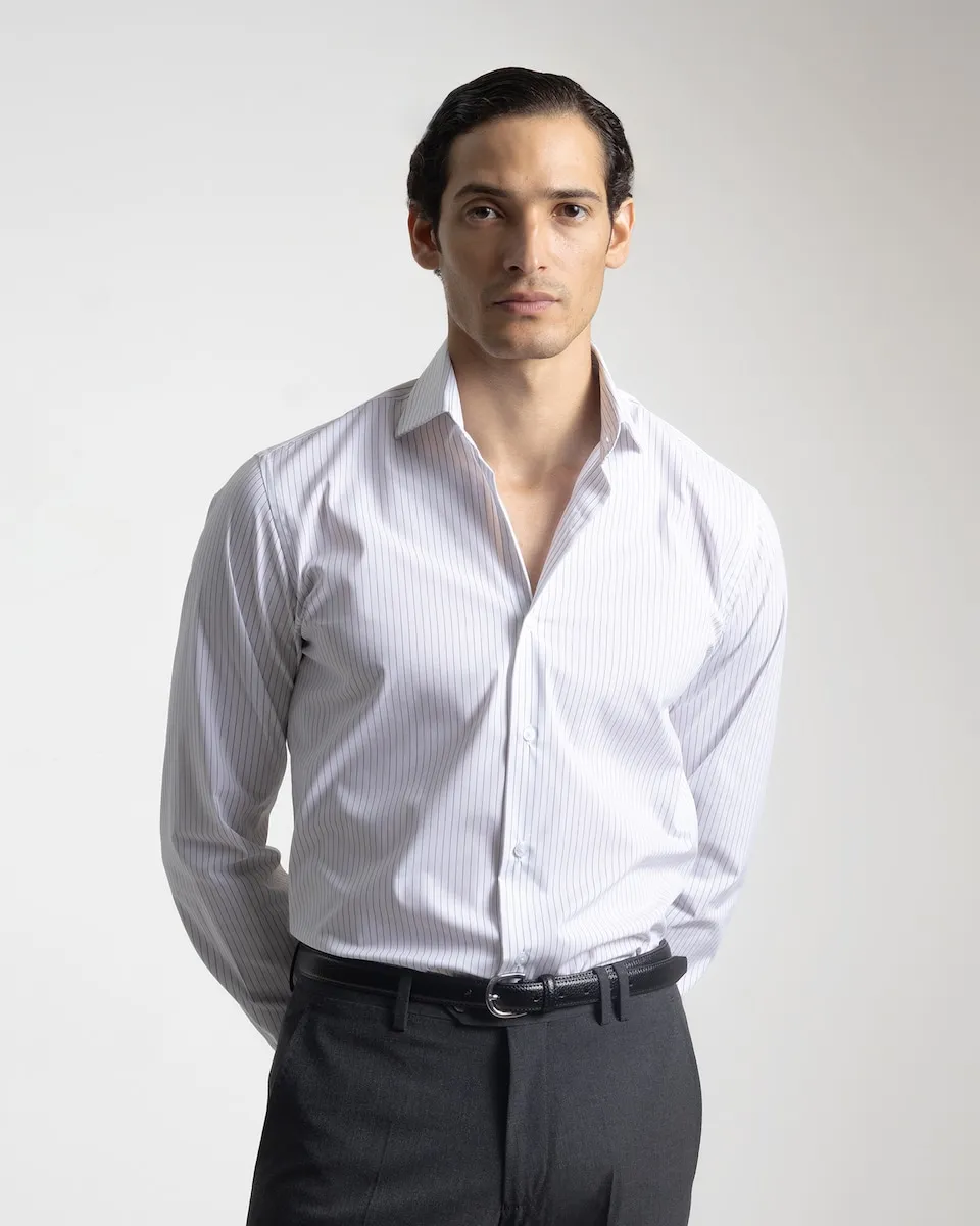 

Мужская рубашка в полоску, серого цвета, прямого кроя PuroEgo