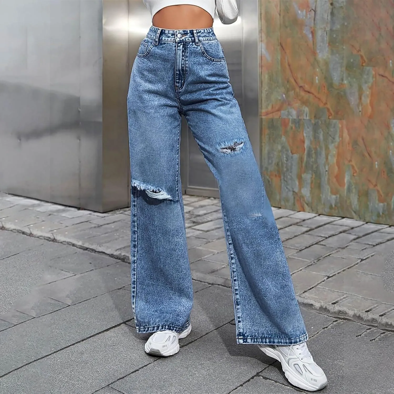 Женские джинсы wide leg с высокой талией и рваным эффектом — фото 2