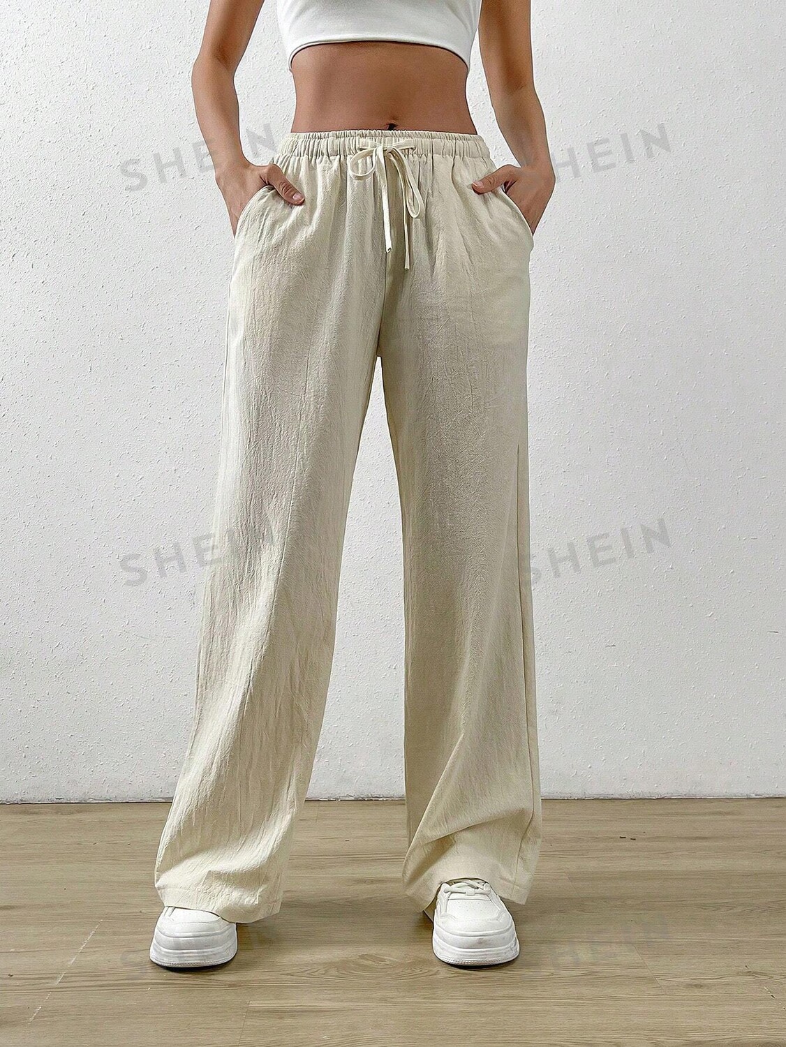 

EZwear: Брюки с широкой талией и косыми карманами Shein, абрикосовый