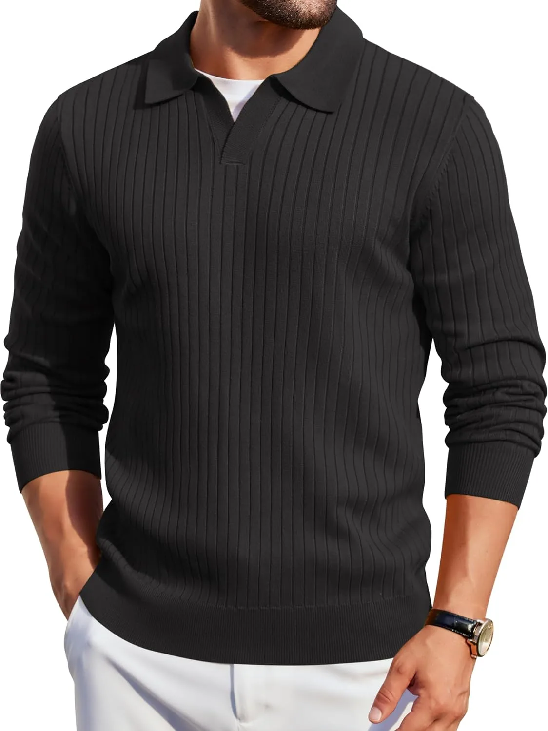 

COOFANDY мужской вязаный поло с длинным рукавом и V-образным вырезом