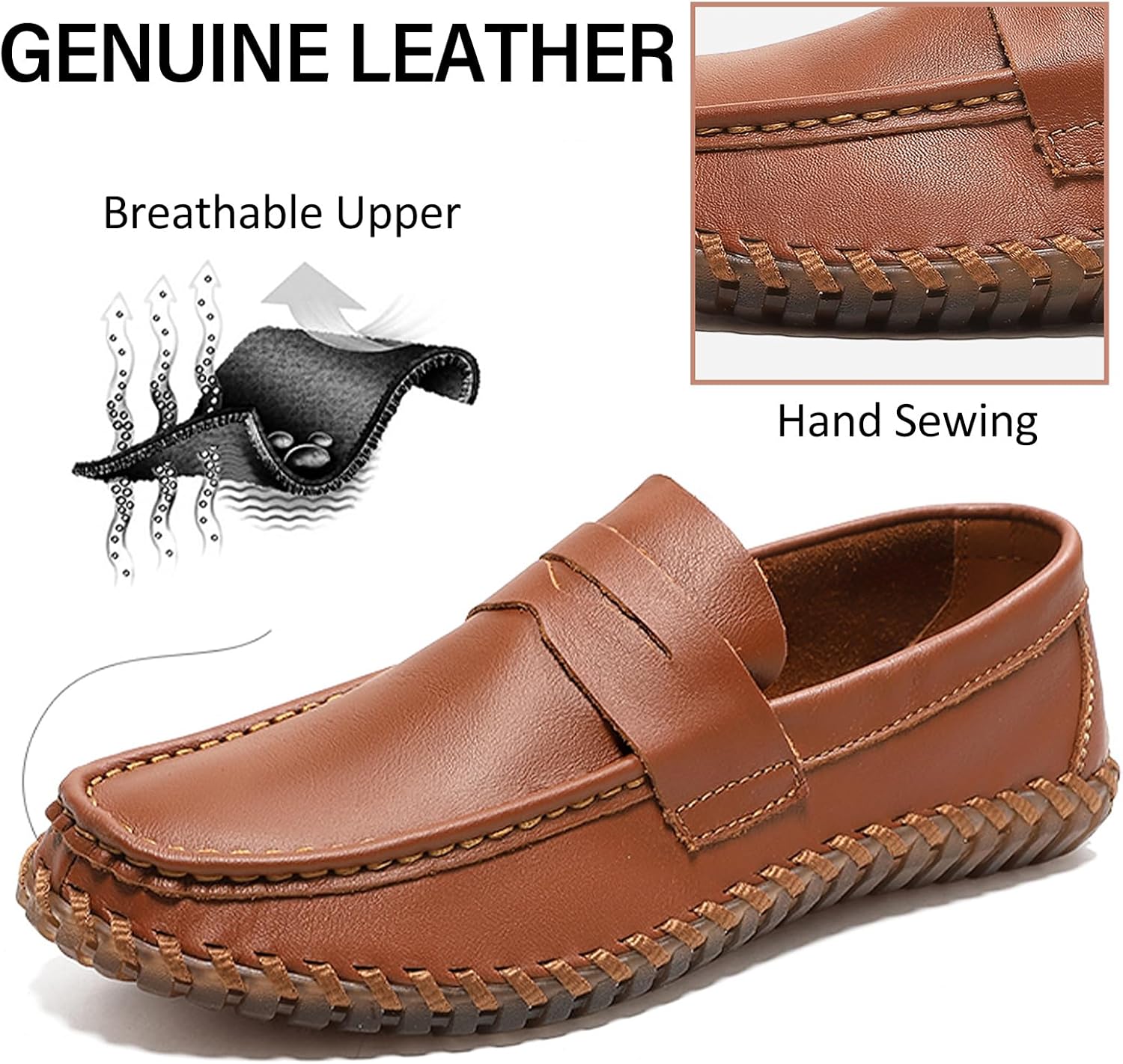 Мужские натуральные кожаные повседневные пенни-лоферы, slip on подошва, мягкая, легкая вождение мокасины, дышащие, удобные горизонтальные ботинки для ходьбы Qijozxn, черный — фото 3