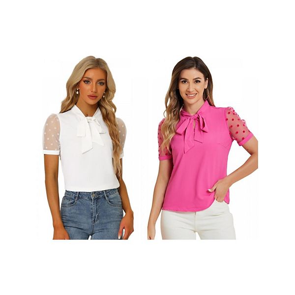 

2 упаковки блузки с воротником-бабочкой и коротким сетчатым рукавом Inspire Chic, White Hot Pink