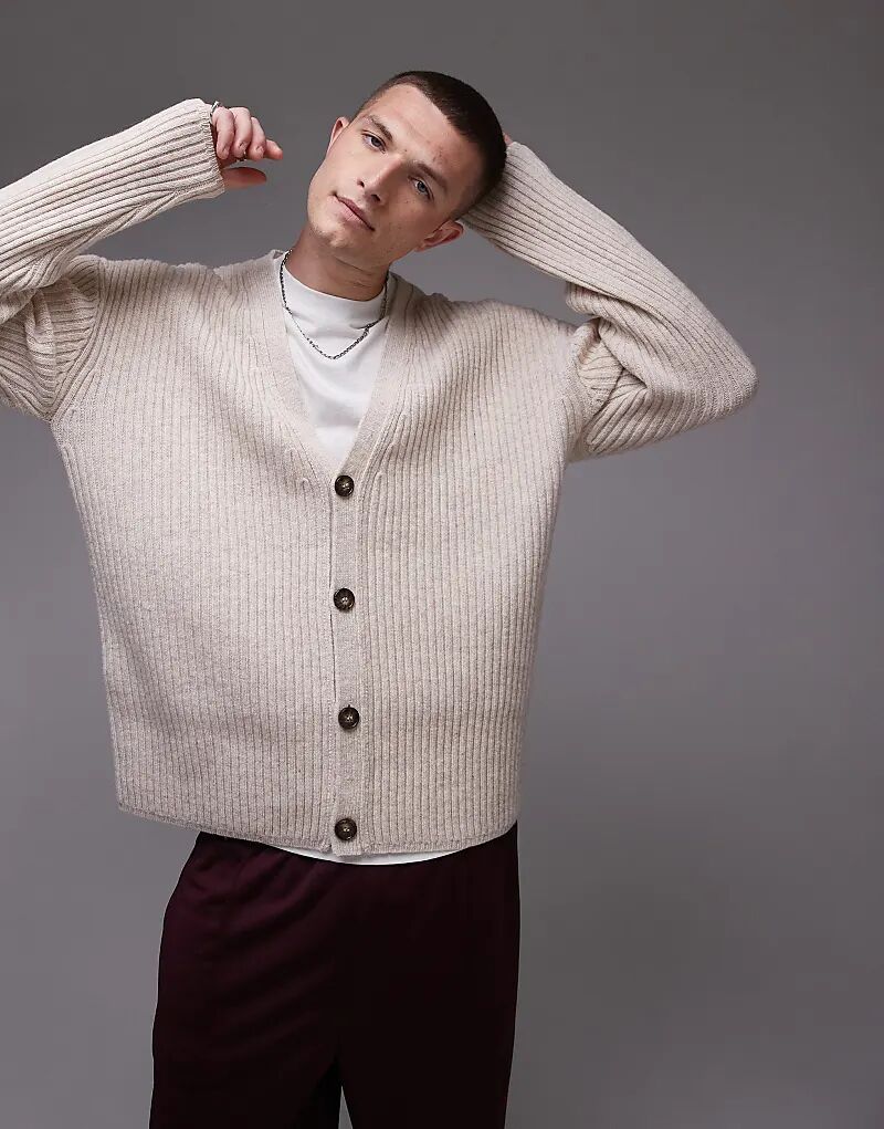 

Кардиган из овечьей шерсти премиум-класса в рубчик в каменном цвете Topman