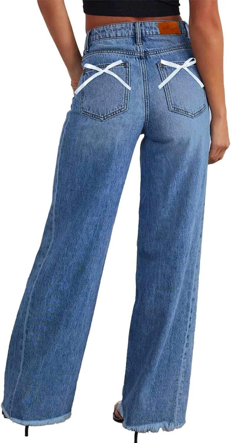 

Sidefeel женские джинсы с бантом и широкими штанинами