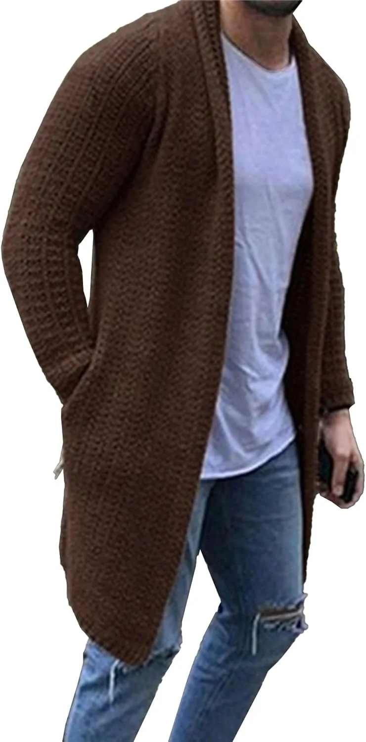 

JEShifangjiusu мужской длинный утолщенный кардиган с вязаной резинкой по низу, отложным воротником и slim fit