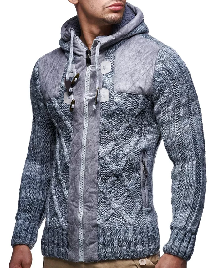 

Мужская вязаная куртка на молнии с геометрическим принтом и кожаными вставками Leif Nelson, синий