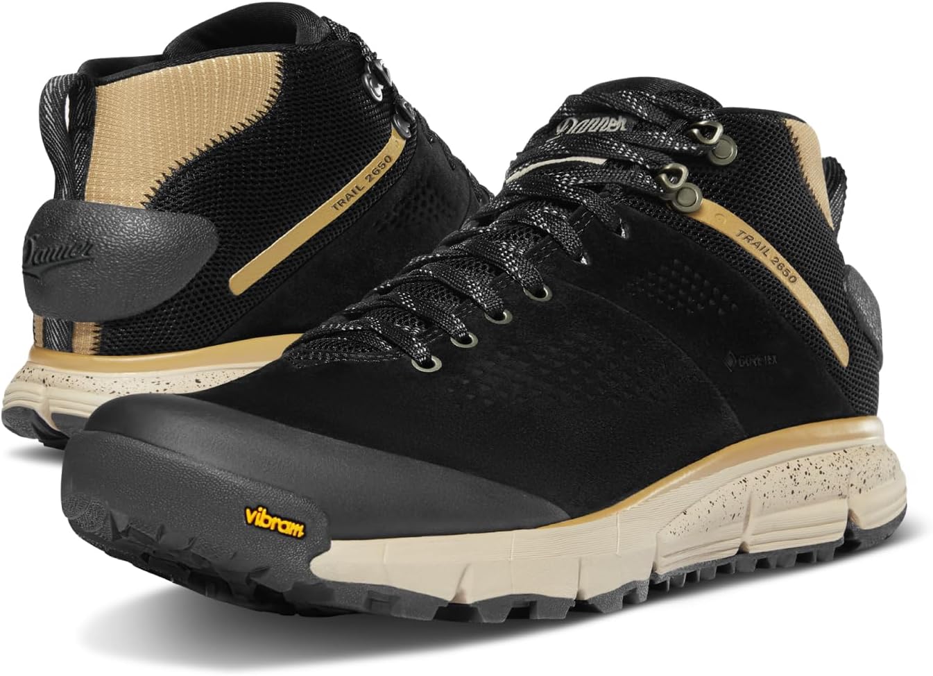 

Мужские водонепроницаемые походные туфли Danner Trail 2650 Gore-Tex Mid 4" - верх из замши и текстиля с комфортной стелькой, системой поддержки пятки EXO и противоскользящей подошвой, черный/хаки