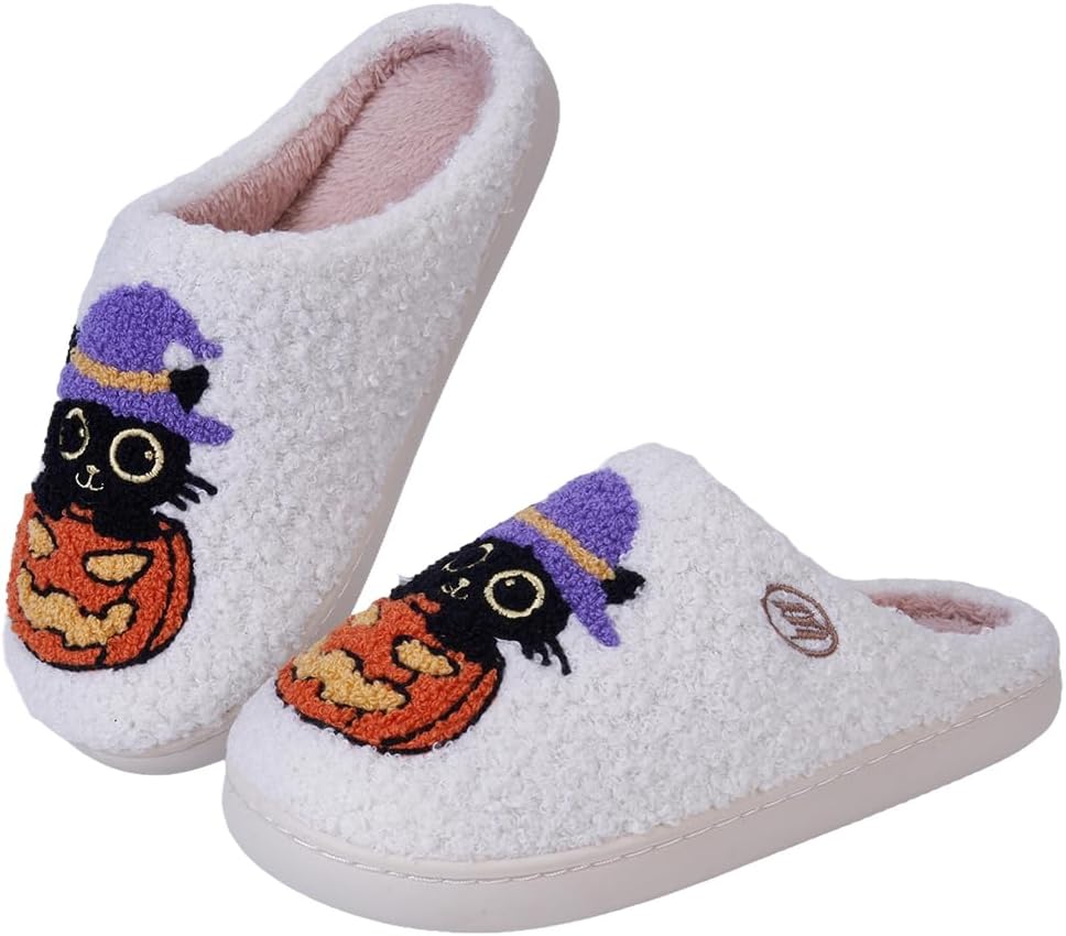 

Домашние тапочки HiGropcore на Хэллоуин для женщин и мужчин, милые и жуткие осенние тапочки, уютные плюшевые теплые тапочки для дома, для улицы и дома, черный