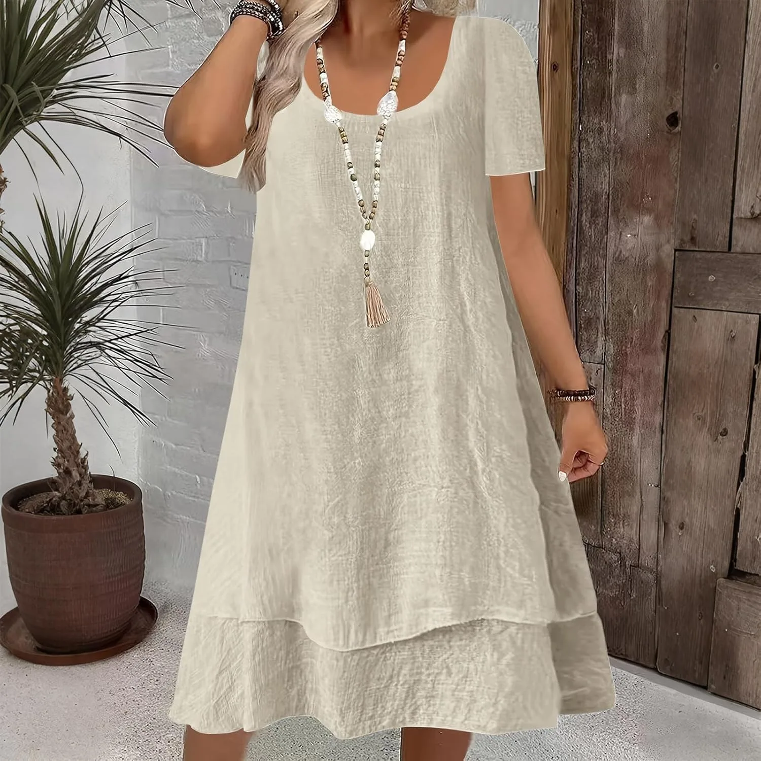 Платье летнее для женщин Plus Size с коротким рукавом, повседневное, пляжное, многослойное, свободного кроя, однотонное Generic, бежевый — фото 2