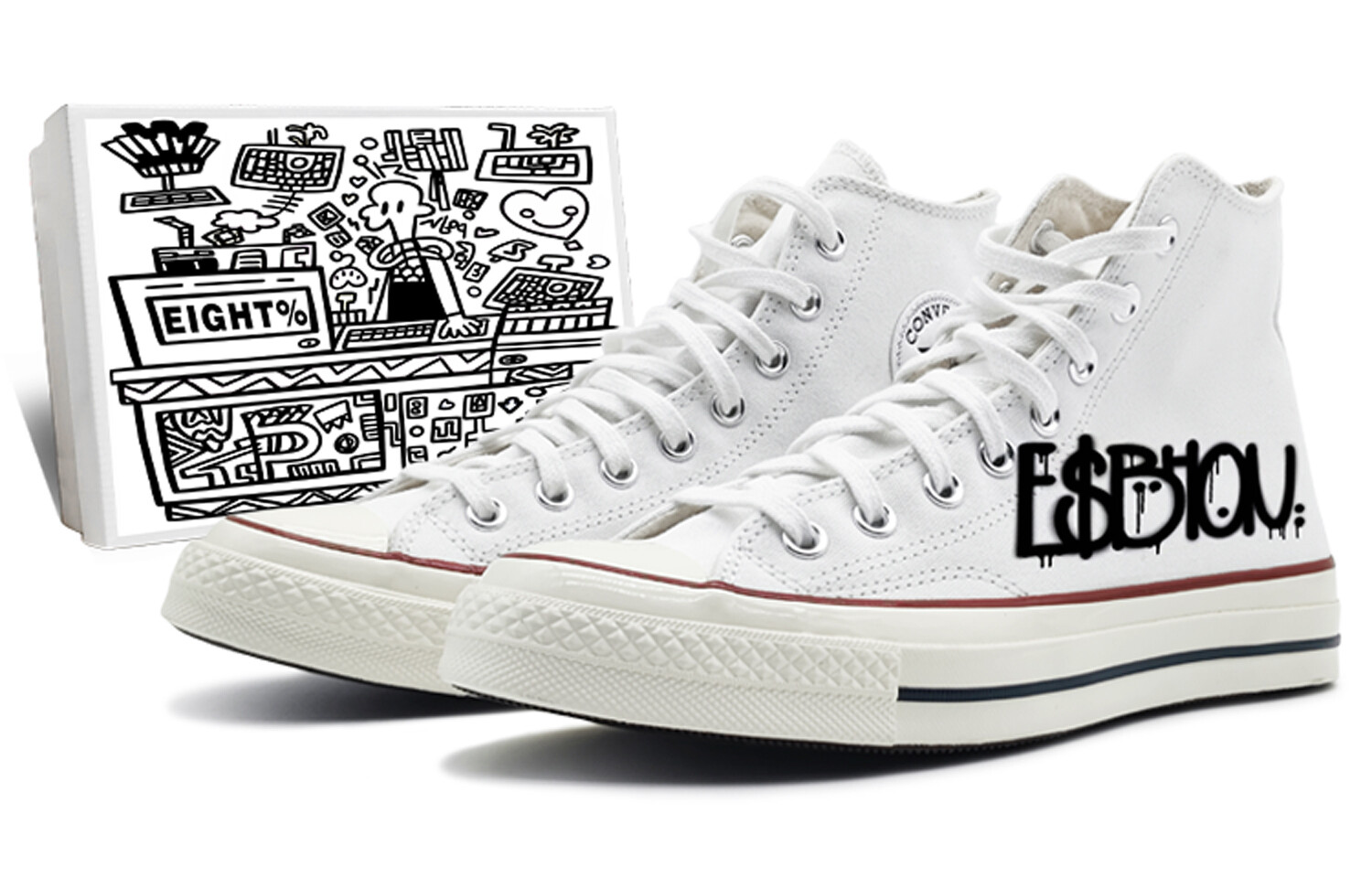 

1970-е годы. Кеды унисекс с высоким берцем, белые/черные/красные. Converse