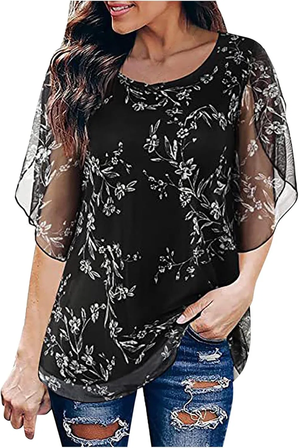 Блуза с цветочным принтом Off-shoulder, черный