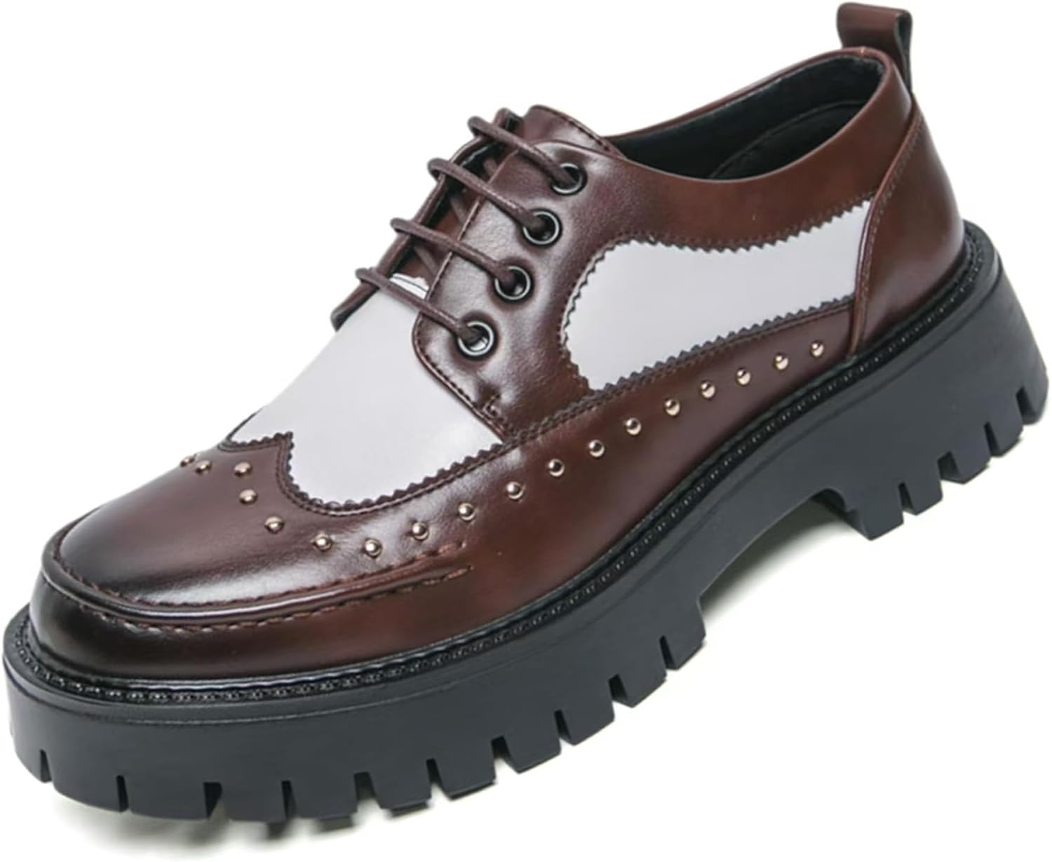 

Мужские кожаные туфли на платформе с заклепками, повседневные, с круглым носком, толстой рифленой подошвой, шнуровкой, оксфорды, удобные, на блочном каблуке, бизнес-дерби Crazysavage, коричневый