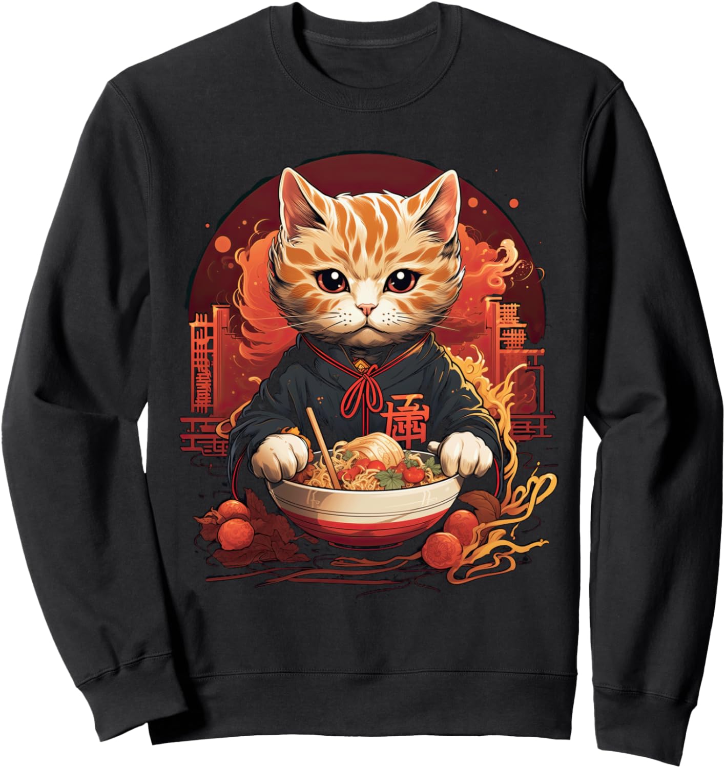 

Толстовка с изображением кота, рамена и лапши быстрого приготовления в японском аниме «Риверсайд» Japanese Ramen Eating Animal Design, черный