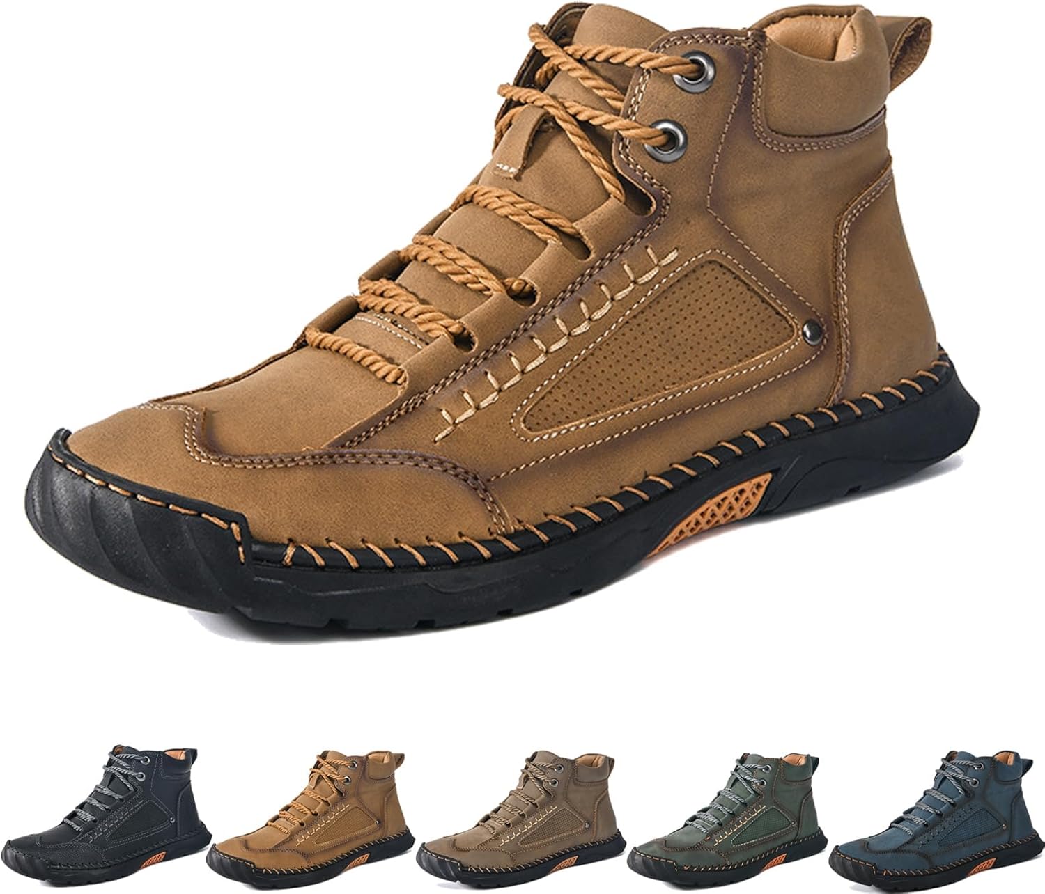 

Мужские удобные кожаные ботинки ручной работы - водонепроницаемые, с поддержкой свода стопы, снятием давления, просторным носком, кожаная обувь для улицы Xignfoea, коричневый