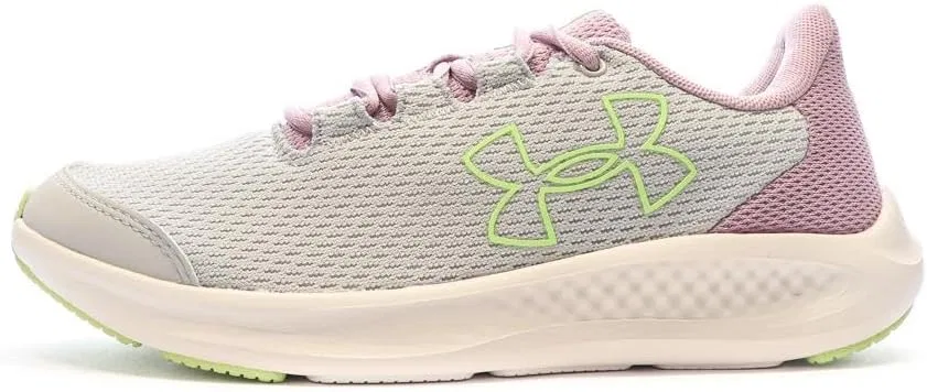 Кроссовки Under Armour Girls' Grade School Pursuit 3 Big Logo для бега в младшей школе, 100 Grey Halo Fresca Orchid Lumos Lime