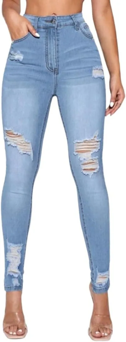 

Женские джинсы скинни с высокой талией, рваные, светлая голубая стирка