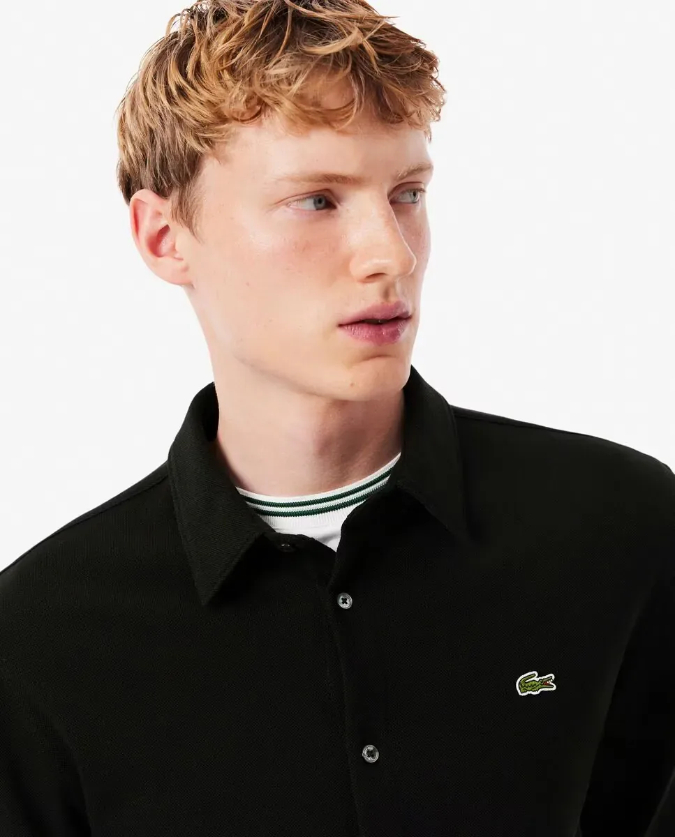 Lacoste Мужская рубашка с длинным рукавом из хлопкового пике черного цвета приталенного кроя — фото 3