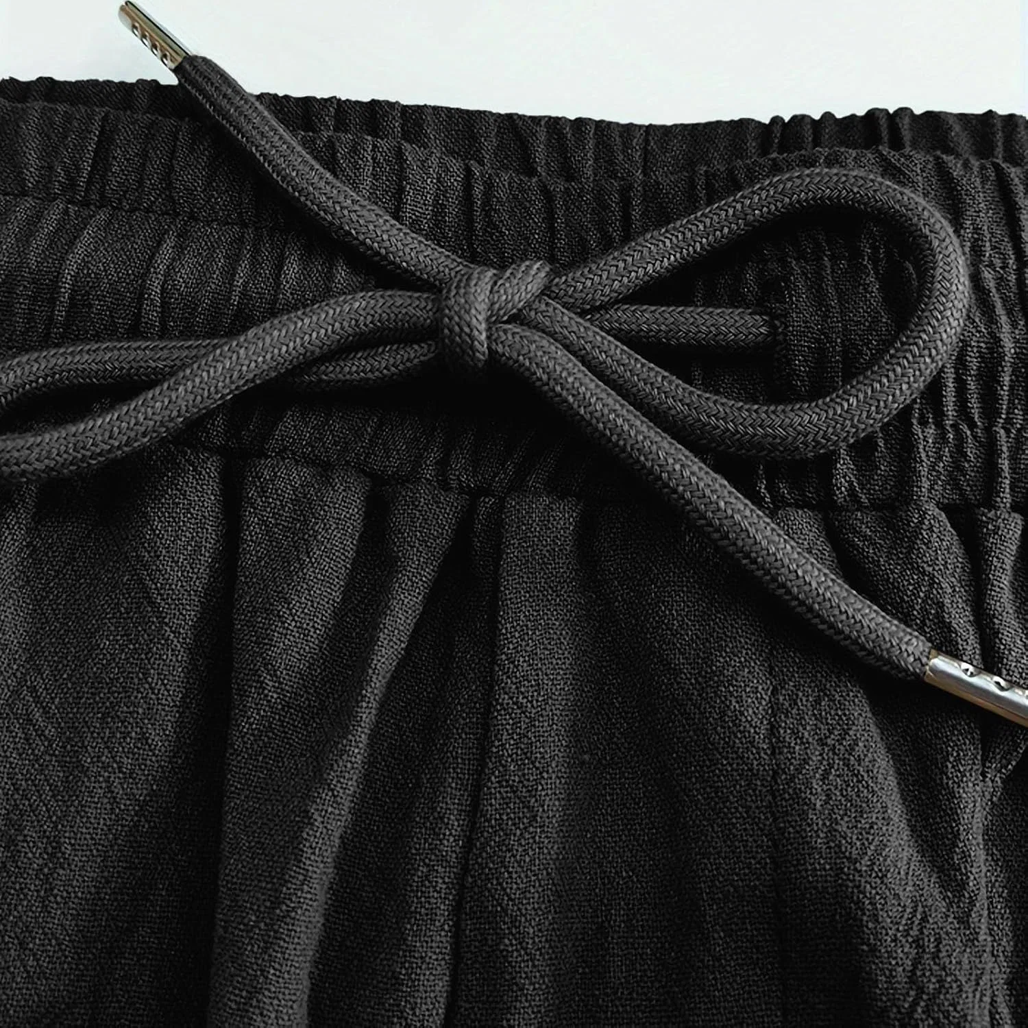 Шорты мужские из льна и хлопка, свободный крой, с карманами, A02_black — фото 4