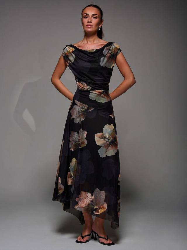 

Асимметричное платье с цветочным принтом и сеткой Jolie Moi, Black/Multi