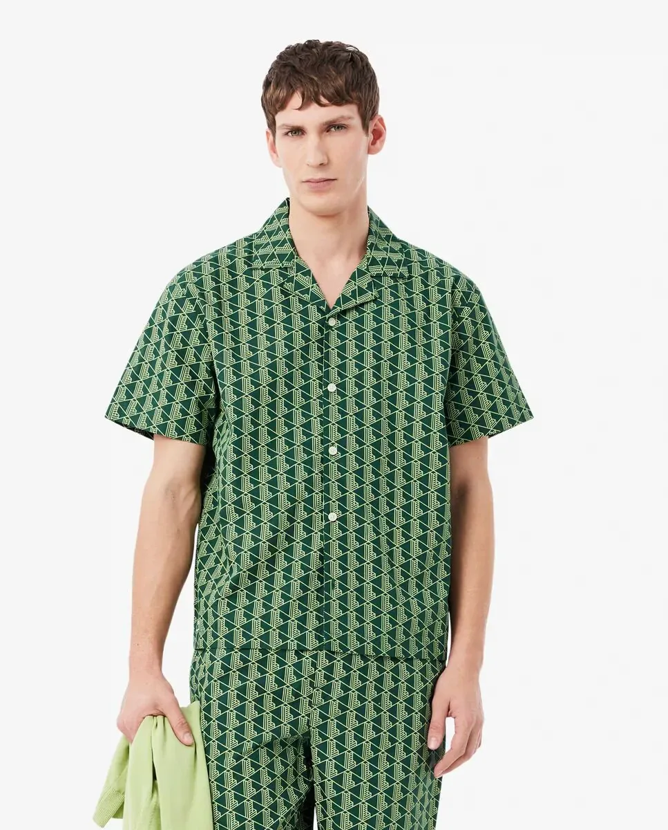 Lacoste Мужская пижамная рубашка из поплина с монограмменным принтом зеленого цвета с коротким рукавом