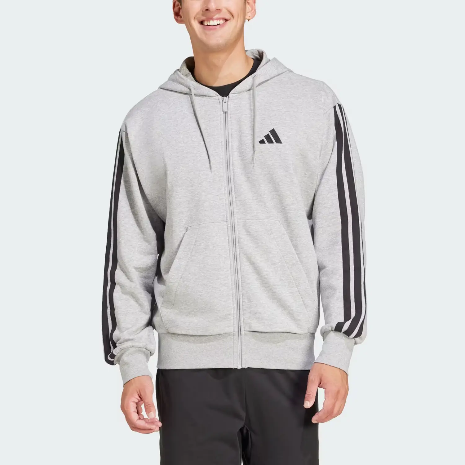 Эссеншиалс 3 полоски флисовая толстовка с полной молнией Adidas, средне-серый/черный — фото 4