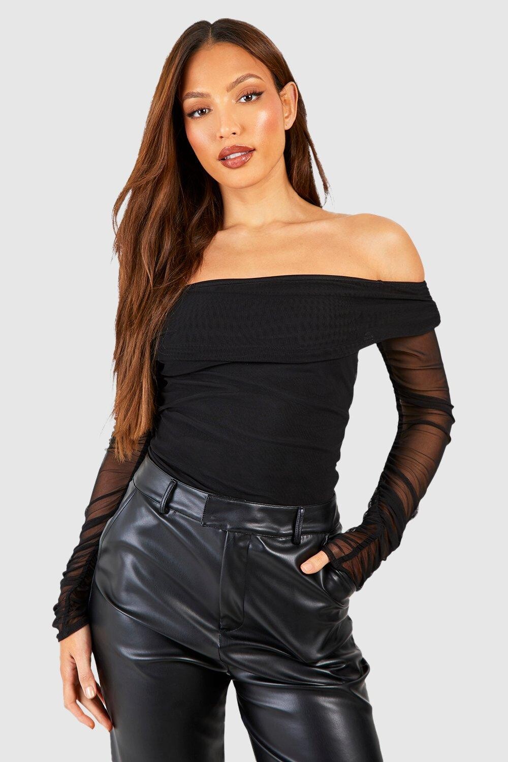 

Сетчатое боди с открытыми плечами Tall boohoo, черный