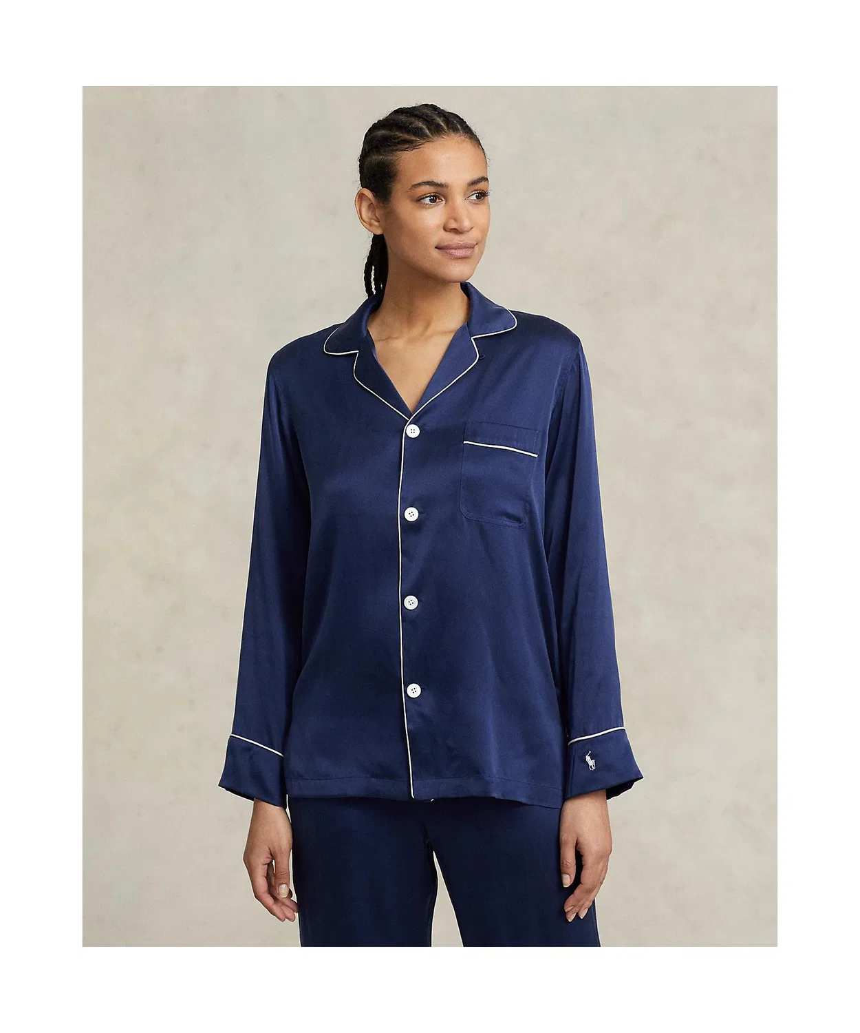 Пижамный комплект с длинным рукавом stretch silk Ralph Lauren тёмно-синий — фото 3