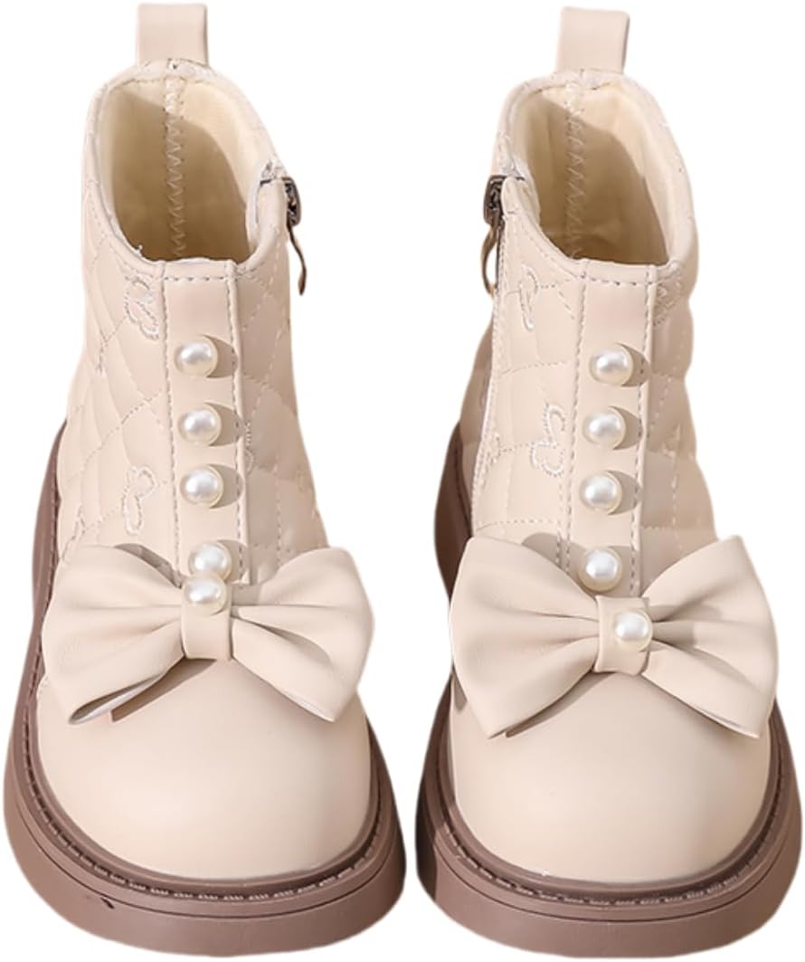 

Девочковые милые ботинки-чикси KKDOM с бантиком, низкий каблук, декоративные жемчужины, боковая молния, удобные ботильоны челси (для малышей/дошкольников/детей постарше), Beige