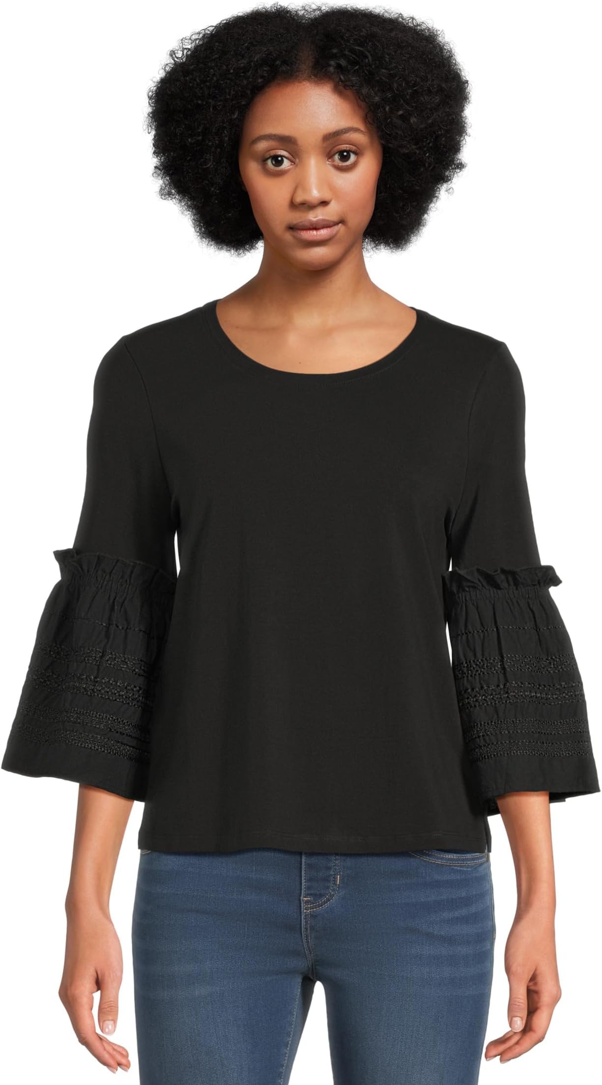 

Топ Liverpool Los Angeles 3/4 Sleeve Embroidered Knit to Woven Top, черный