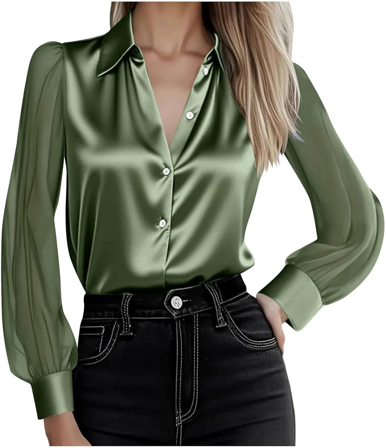 Блуза с сетчатыми рукавами, button-down, зеленый