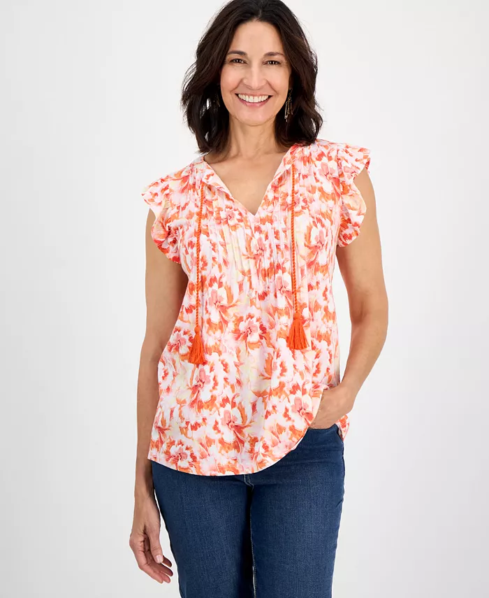 

Блузка с принтом, защипами и рукавами-рюшами Petite Printed Pintuck Ruffle-Sleeve Style & Co, розовый