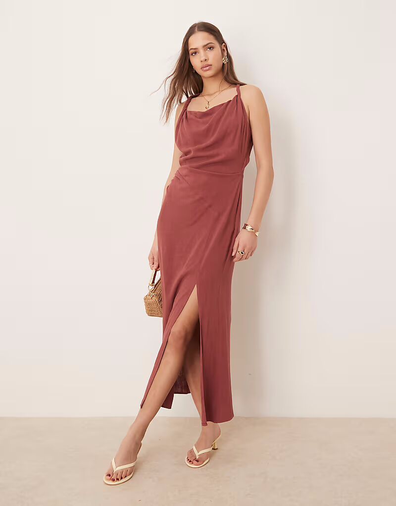 

Платье миди из льна ASOS DESIGN с перекрученными плечами и сборками цвета яблочного масла