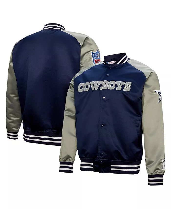 

Мужская графическая бейсбольная куртка на молнии из сатина Deion Sanders Navy Dallas Cowboys с изображением игрока, завершившего карьеру Mitchell & Ness